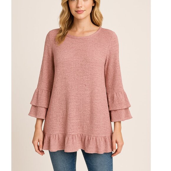 Nally & Millie Tops - Nally & Millie Dusty Pink Textured Tunic Top Ruffled Hem & Layered Bell Sleeves
